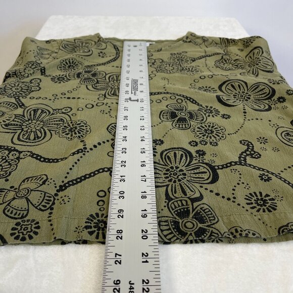 Hot Cotton Womens Floral Print 3/4 Sleeve Top Size S Olive Black Round Neck Slit - Picture 5 of 5